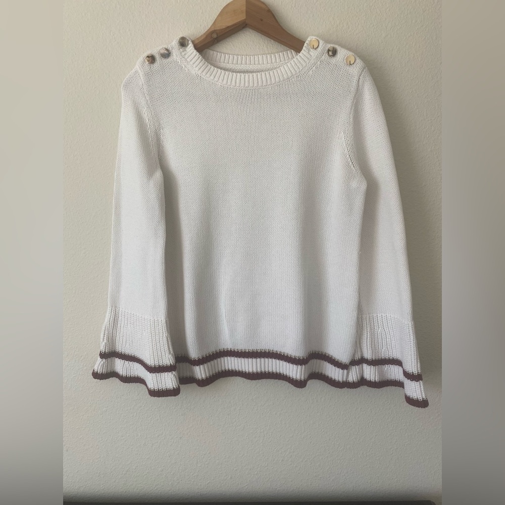 Loft Women’s Long BellSleeve Crewneck Sweter in Ivory w/Gold Buttons&Trim Size M